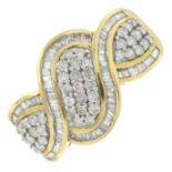 A 9ct gold brilliant and baguette-cut diamond dress ring.Estimated total diamond weight