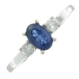 A sapphire and brilliant-cut diamond three-stone ring.Estimated total diamond weight 0.15ct.Stamped