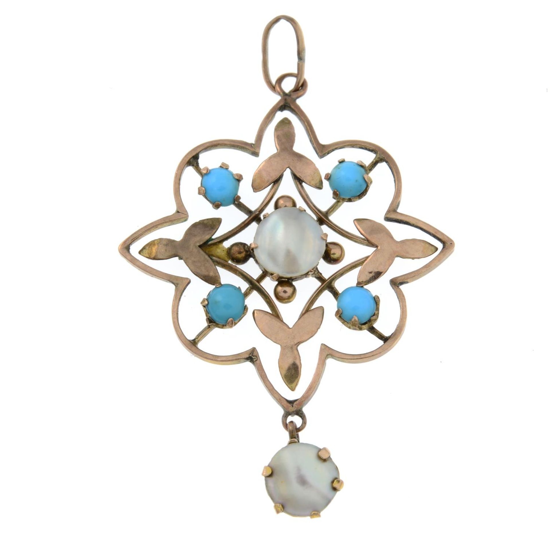 An early 20th century mother-of-pearl and turquoise pendant.Length 4.3cms.