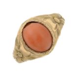 An early 20th century gold, coral single-stone ring.Coral untested.Ring size E.