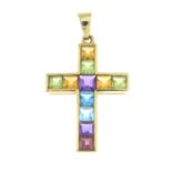 A vari-hue gem-set cross pendant.Gems to include amethyst, topaz, citrine, peridot and garnet.