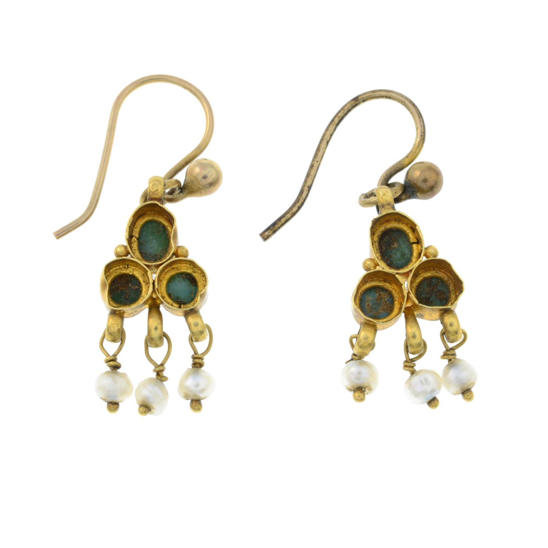 A pair of 19th century gold turquoise and seed pearl drop earrings. - Image 2 of 2