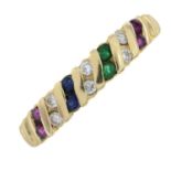 A diamond, emerald, sapphire and ruby ring.Stamped 585, 14K.