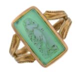 An Edwardian 15ct gold chrysoprase cameo ring.Hallmarks for Birmingham, 1904.Ring size N.