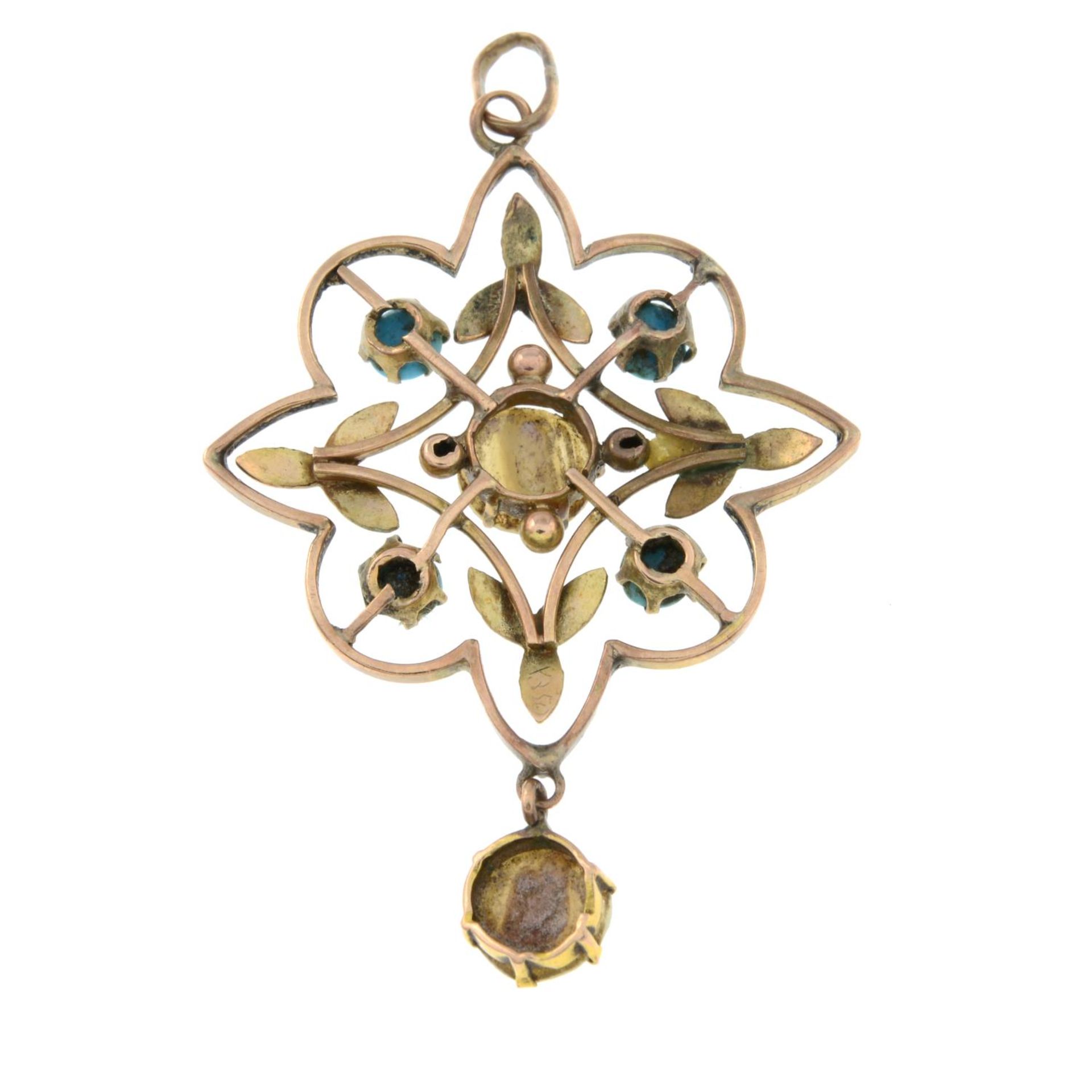 An early 20th century mother-of-pearl and turquoise pendant.Length 4.3cms. - Image 2 of 2