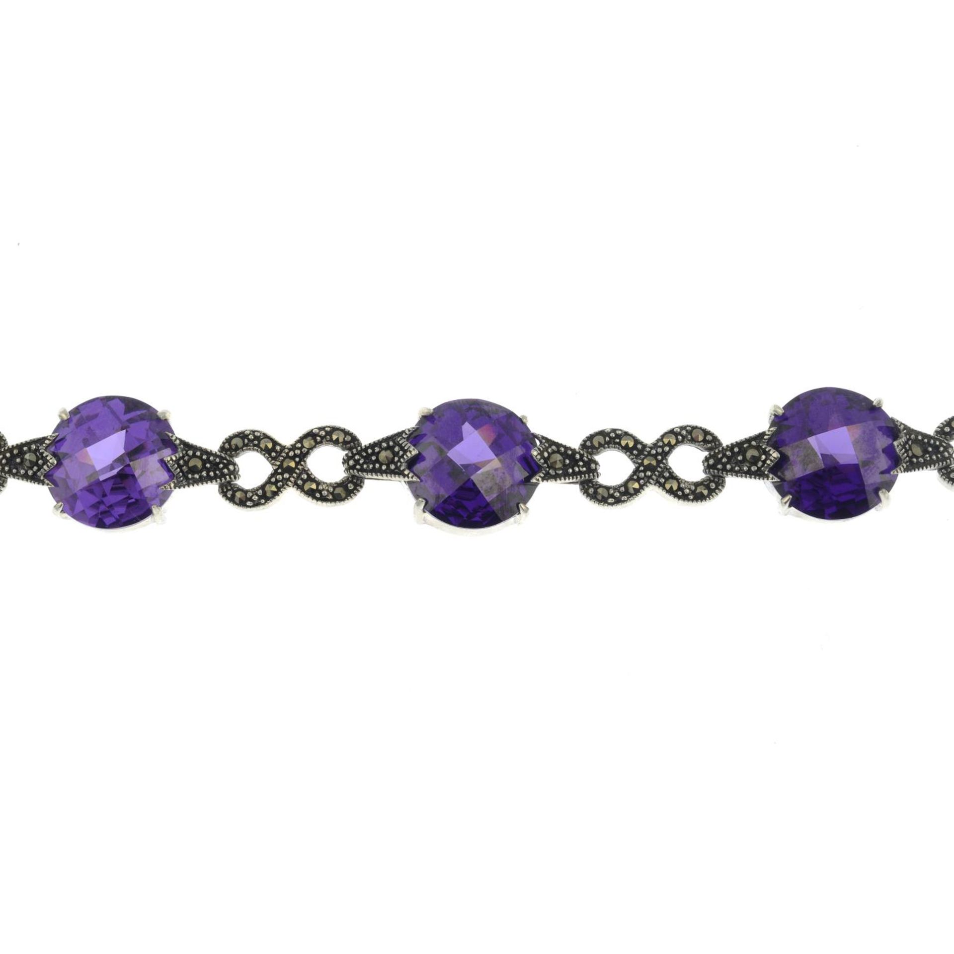An amethyst and marcasite bracelet.Stamped 925.Length 19cms.