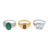 A selection of six gem-set rings, to include a ruby and diamond ring.