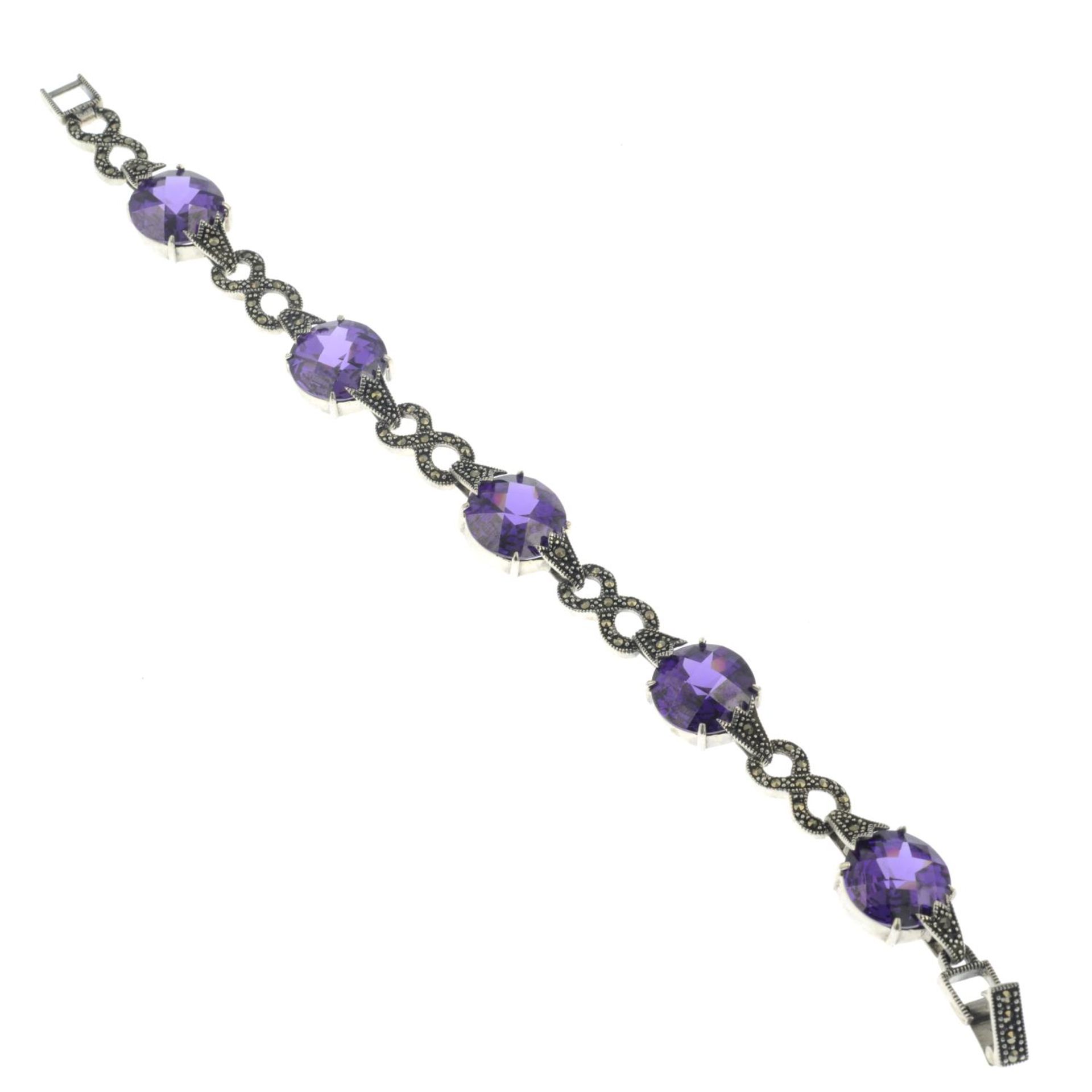 An amethyst and marcasite bracelet.Stamped 925.Length 19cms. - Image 2 of 3