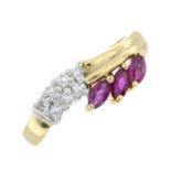 A 9ct gold ruby and single-cut diamond dress ring.Hallmarks for London, 1988.Ring size M.