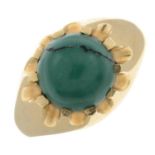 A turquoise cabochon single-stone ring.Stamped 585.Ring size O.