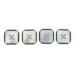 A set of four 9ct gold mother-of-pearl and enamel buttons.Stamped 9ct.Length 1cms.