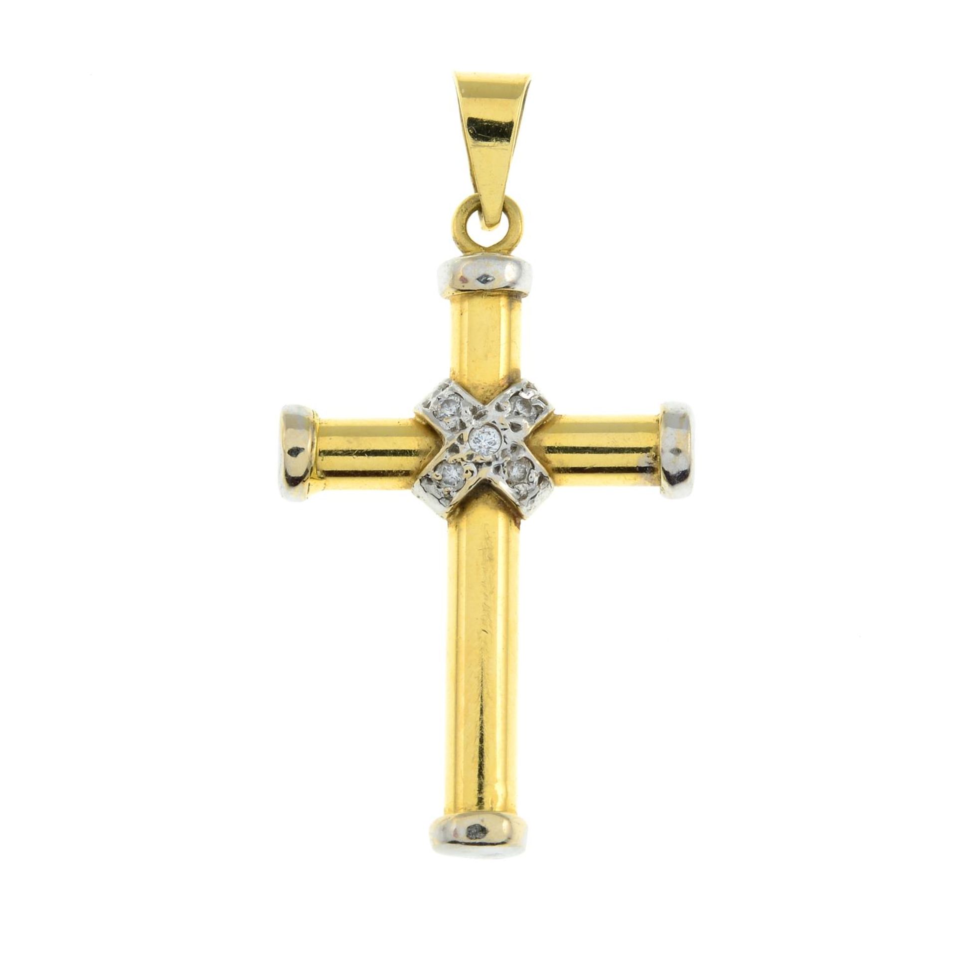 A cubic zirconia bi-colour cross pendant.Stamped 750. - Image 2 of 3