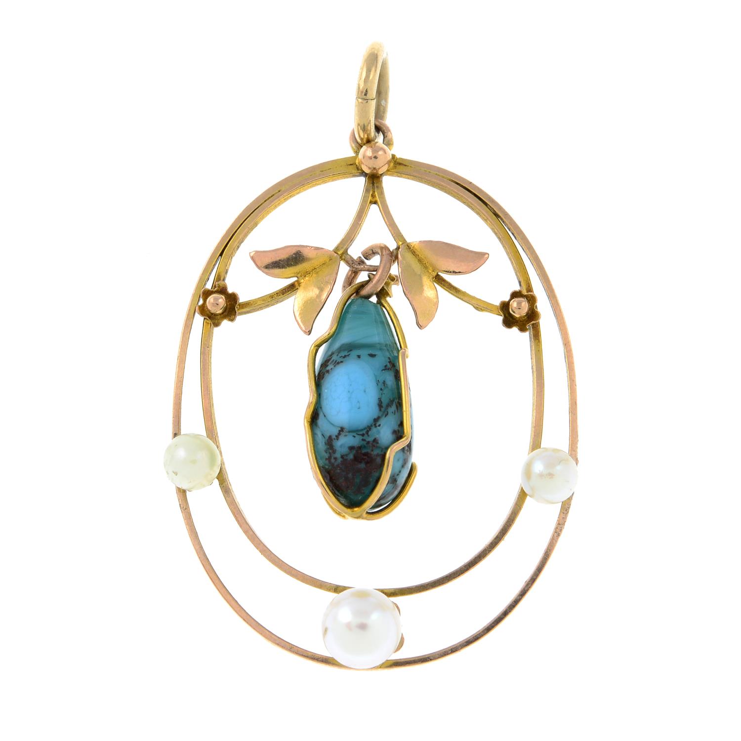 An early 20th century 9ct gold glass and seed pearl pendant and a pair of early 20th century 9ct