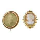 A late 19th century 9ct gold shell cameo brooch and a locket brooch.One with Markers marks SD.