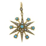 An early 20th century 15ct gold turquoise and seed pearl pendant of a star.