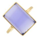 A blue chalcedony rectangular-cabochon ring.Stamped 18ct.Ring size I.