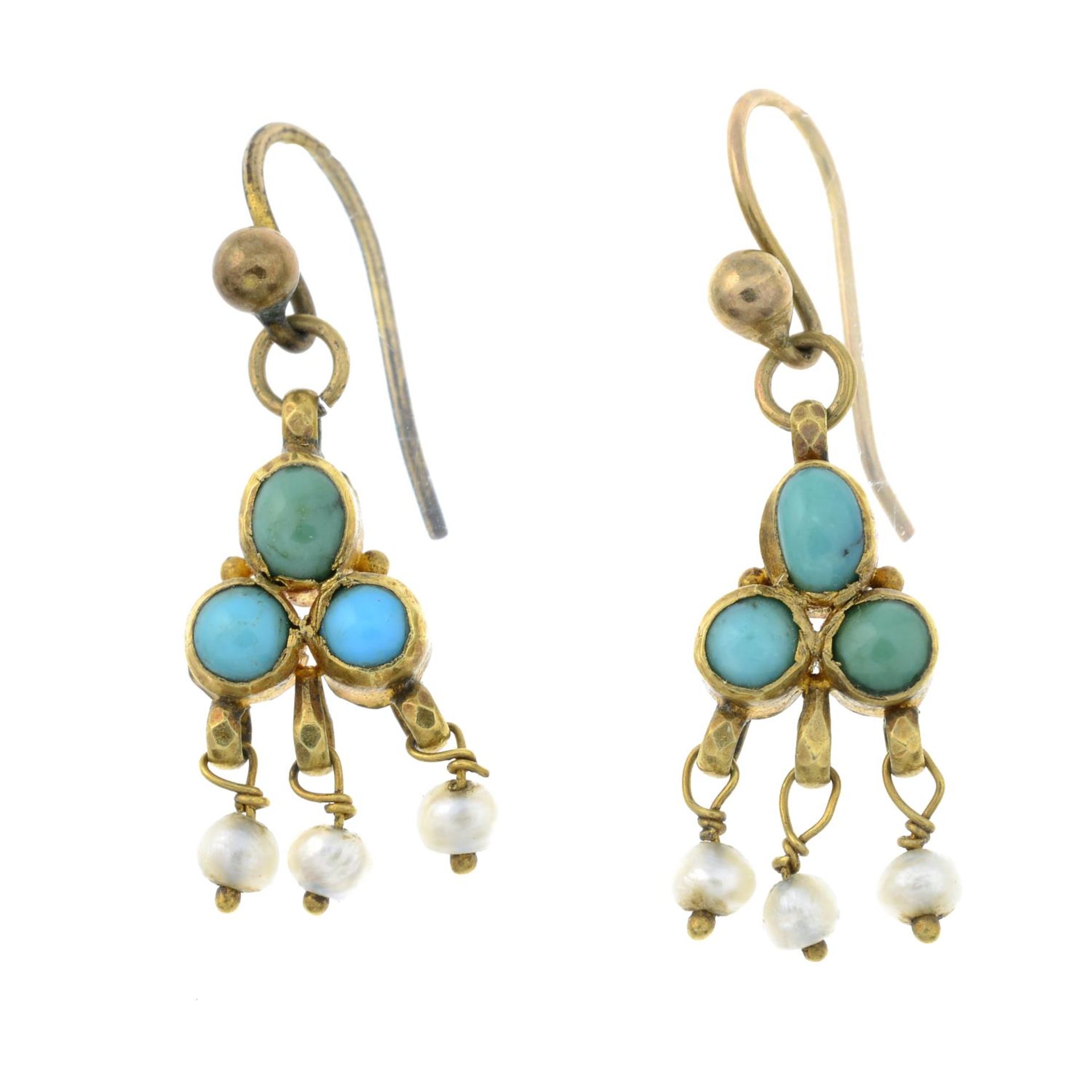A pair of 19th century gold turquoise and seed pearl drop earrings.