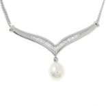 A 9ct gold cultured pearl and cubic zirconia necklace.Hallmarks for.Length 45cms.