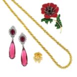 A selection of costume jewellery, to include an enamel magnetic poppy brooch.