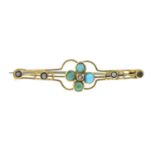 An early 20th century 9ct gold turquoise and seed pearl bar brooch.