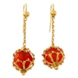 A pair of carnelian drop earrings with filigree detail.Length 4.5cms.