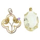 An early 20th century 9ct gold amethyst thistle pendant,