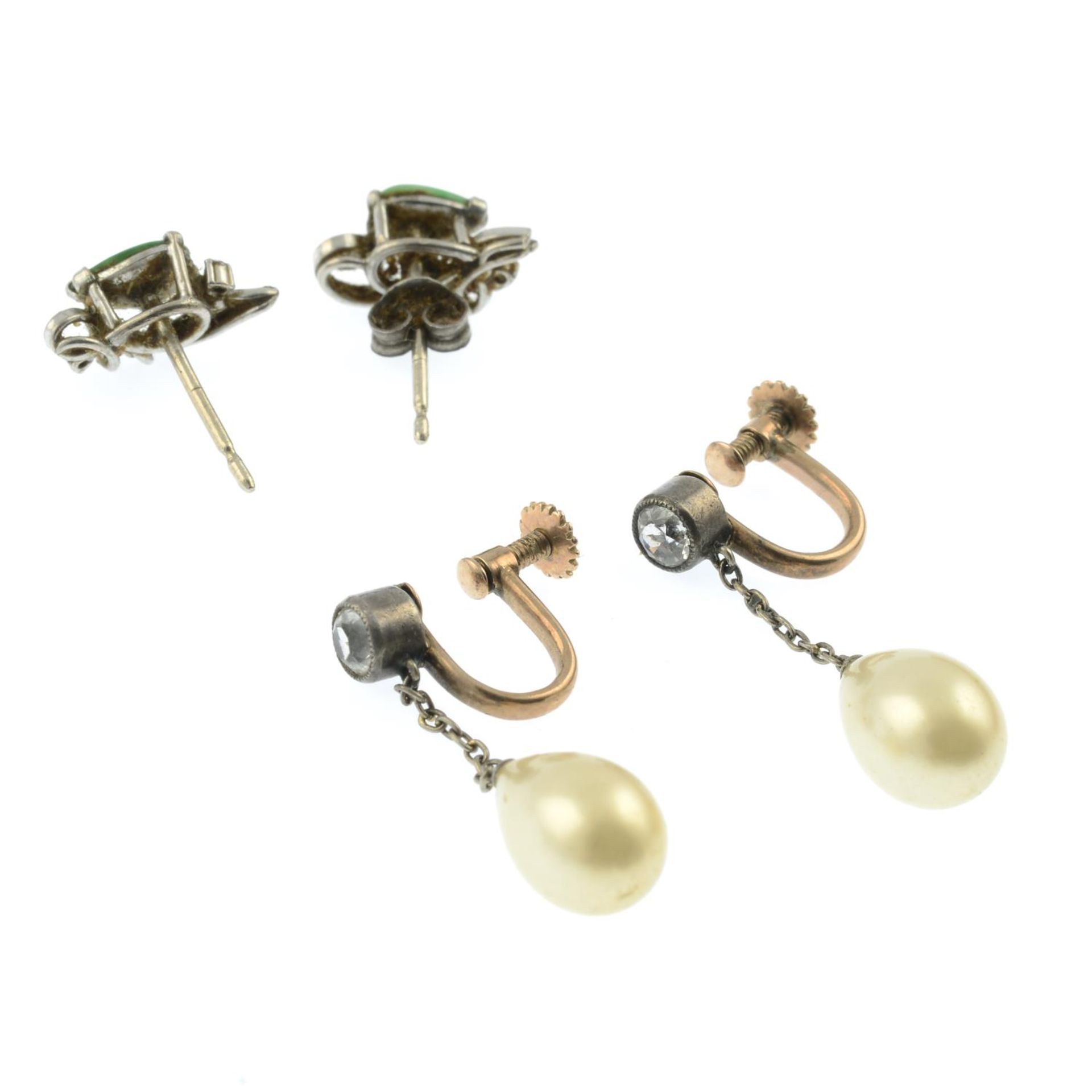 A pair of jade and diamond earrings, together with a pair of imitation pearl and paste earrings. - Image 2 of 2