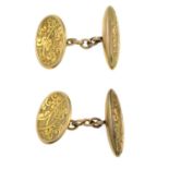 A pair of Edwardian 9ct gold engraved cufflinks.Hallmarks for London, 1905.