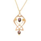 A purple paste and garnet-topped-doublet openwork pendant, with chain.Chain stamped 9ct.