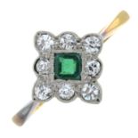 A synthetic emerald and diamond ring.Estimated total diamond weight 0.32cts.Stamped PLAT.Ring size