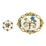 A Victorian chalcedony and reconstituted turquoise brooch and an early 20th century zircon and