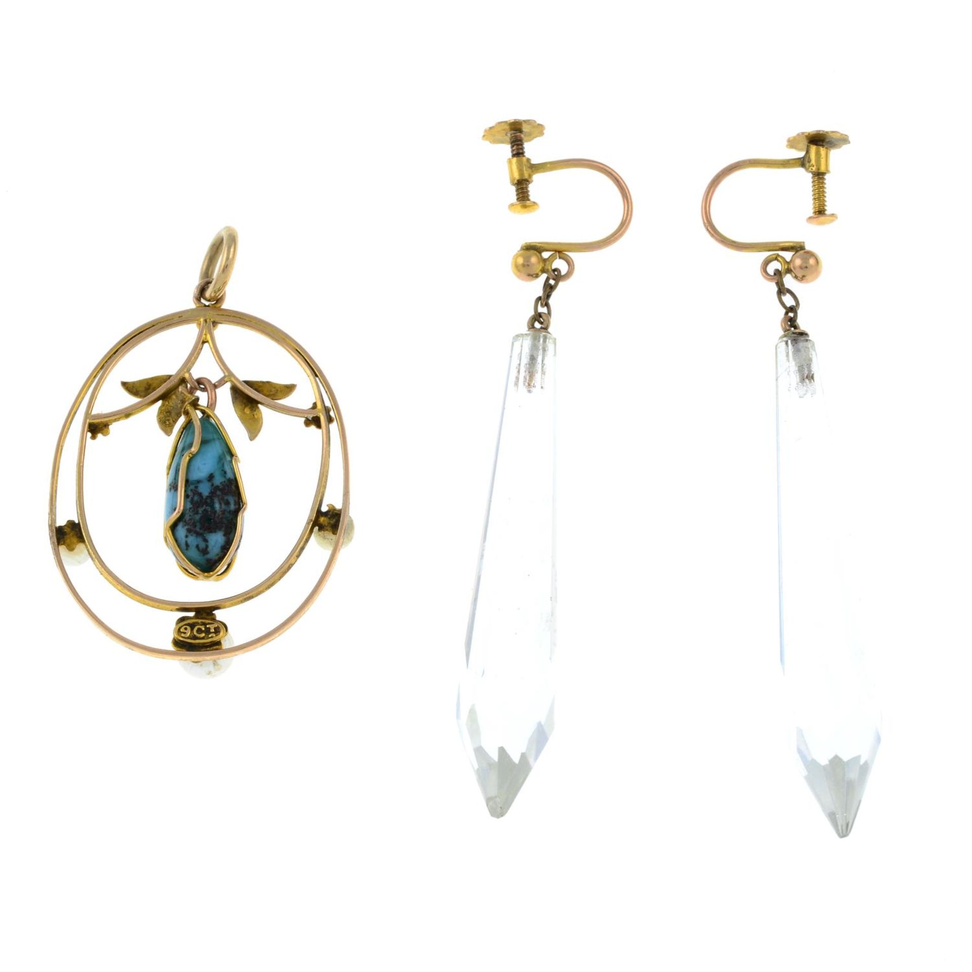 An early 20th century 9ct gold glass and seed pearl pendant and a pair of early 20th century 9ct - Image 3 of 3