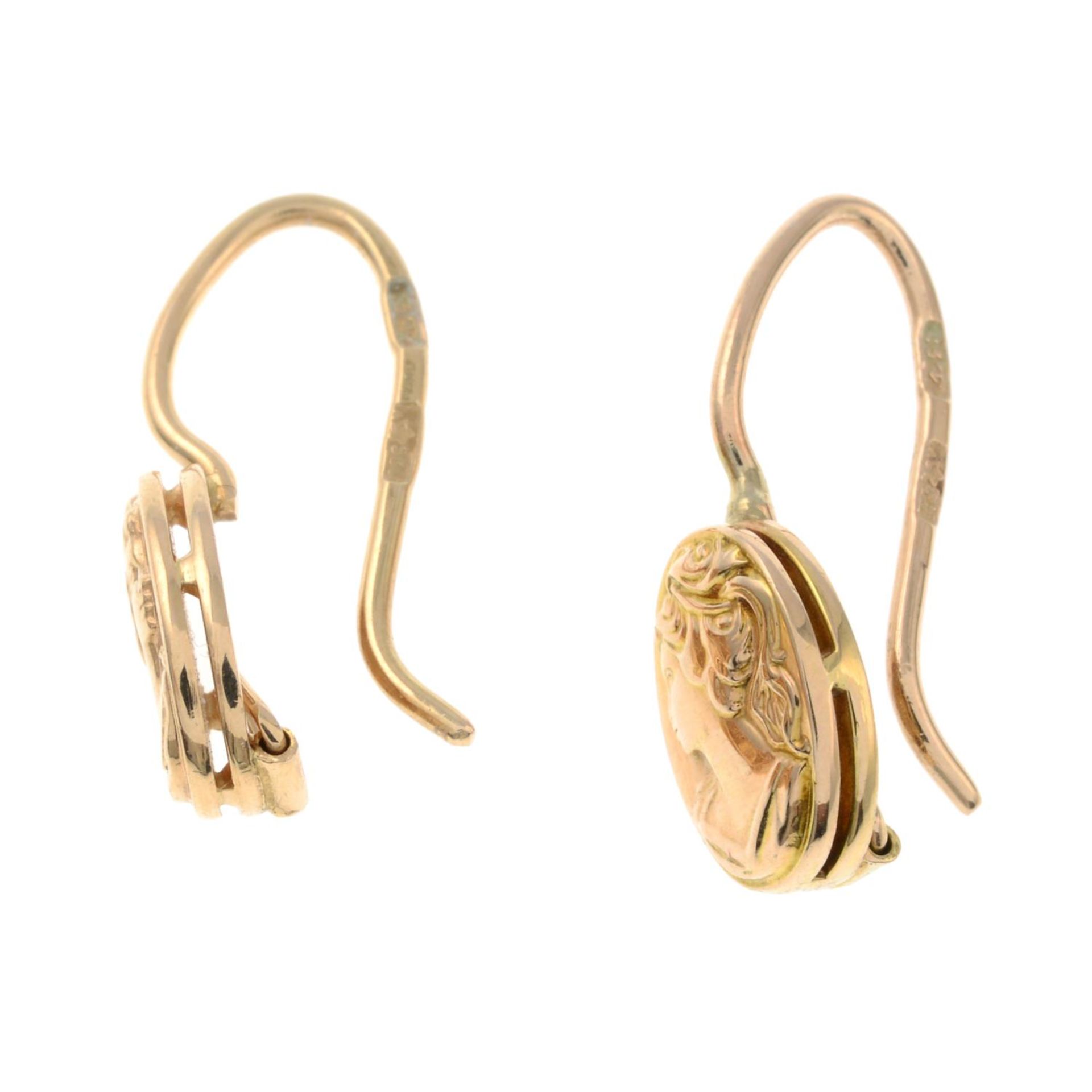 A pair of Russian 14ct gold relief drop earrings of Grecian ladies.Hallmarks for Russia.Length - Image 3 of 3