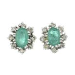 A pair of emerald and single-cut diamond cluster earrings.Stamped 750.Length 0.9cms.