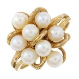 A 9ct gold cultured pearl dress ring.Hallmarks for Birmingham.Ring size N.