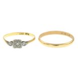 An early 20th century 18ct gold diamond ring and a later band ring.Stamped 18ct Plat.Ring size O1/2