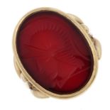 A carnelian intaglio signet ring.Stamped 9ct.Ring size M.