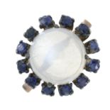 A mid 20th century moonstone and sapphire cluster ring.Ring size Q.