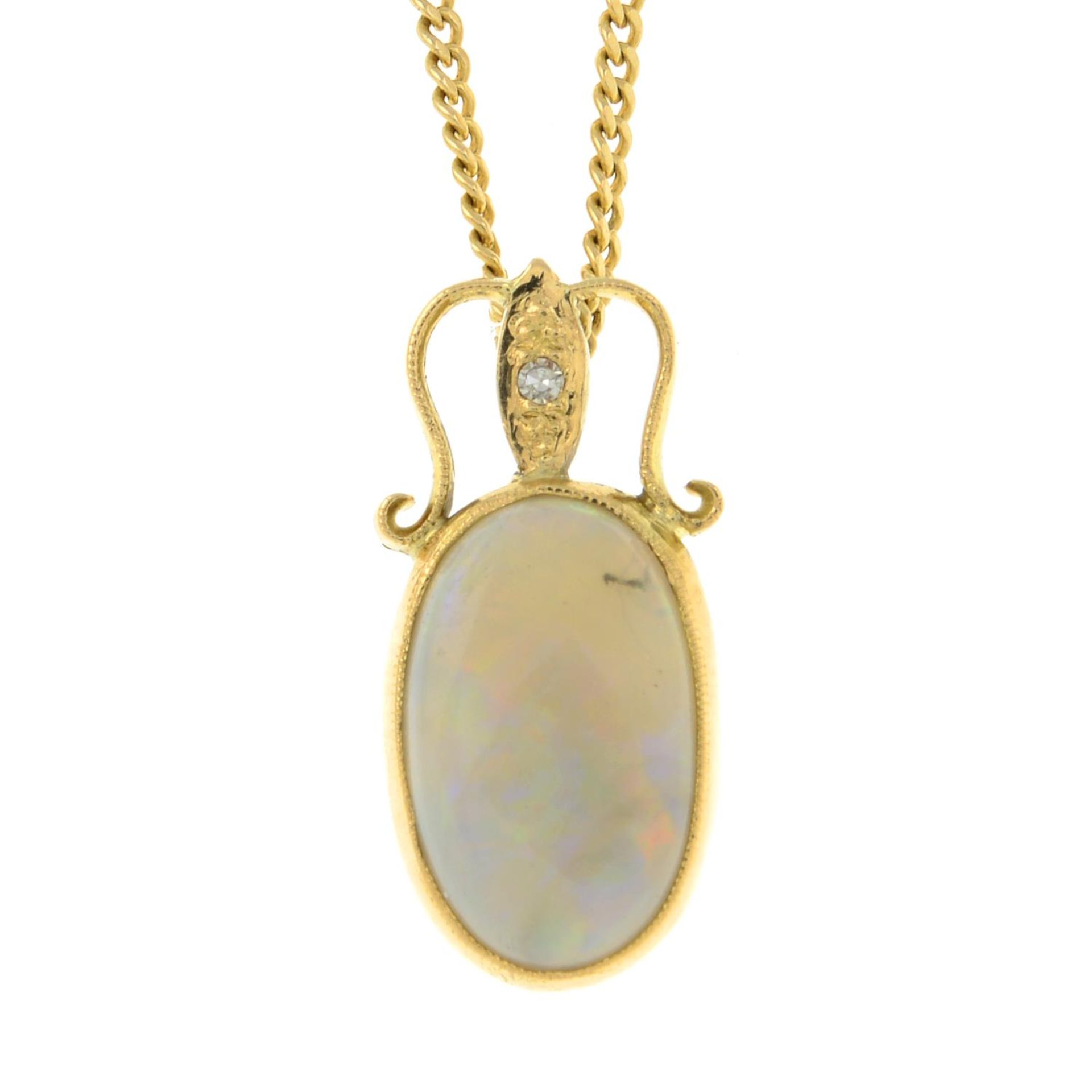 An 18ct gold opal and diamond pendant, with chain.Hallmarks for Sheffield, 1985.