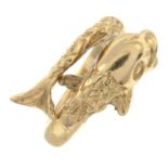 A 9ct gold ring of a fish.Hallmarks for Edinburgh.Ring size K 1/2.