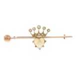A late 19th century opal and rose-cut diamond crowned heart bar brooch.Length 4.7cms.
