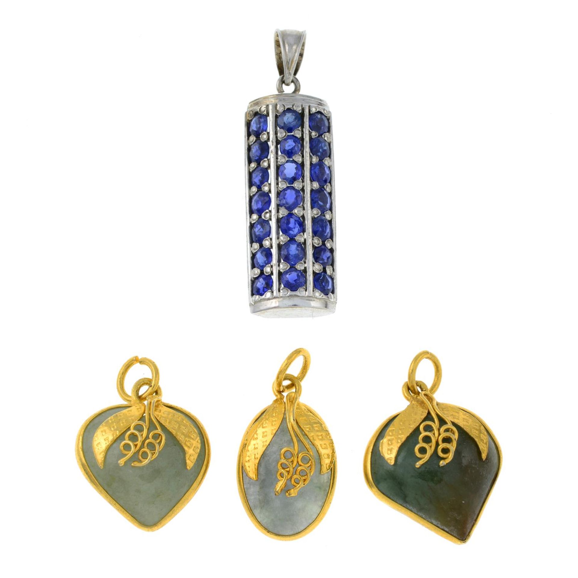 A sapphire set pendant and three jade pendants.Lengths 2 to 3.3cms.