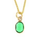 A green gem pendant, with chain.Chain stamped 585.Length of pendant 1.4cms.