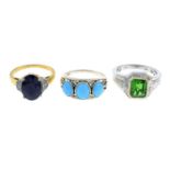 A selection of six gem-set rings, to include a turquoise three stone ring.