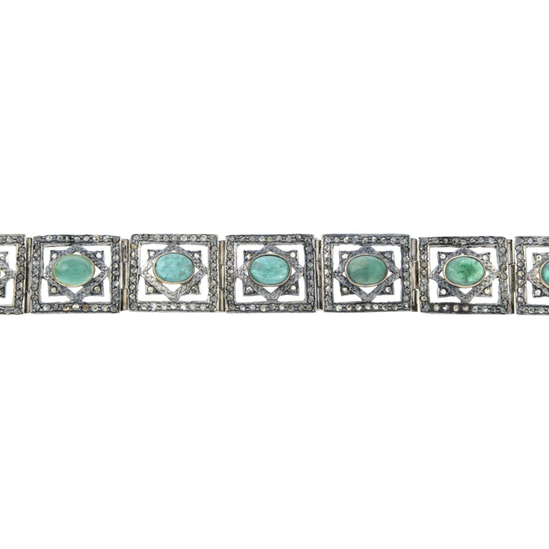 A rose-cut diamond and emerald cabochon bracelet.