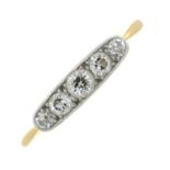 An early 20th century 18ct gold old-cut diamond five-stone ring.Estimated total diamond weight
