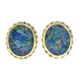 A pair of opal mosaic triplet stud earrings.Stamped 585.Length 1.1cms.
