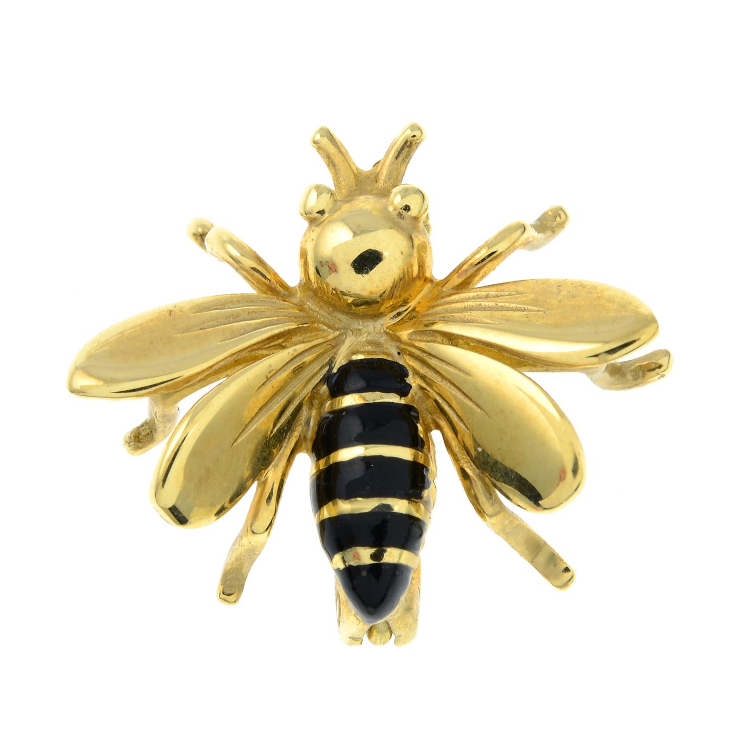 A 9ct gold black enamel brooch of a bee.Hallmarks for London.Length 2cms.