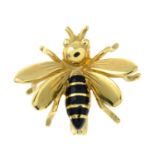 A 9ct gold black enamel brooch of a bee.Hallmarks for London.Length 2cms.