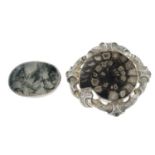 A Victorian ammonite fossil brooch and a moss agate brooch.One stamped sil.Lengths 4.2 and 7cms.